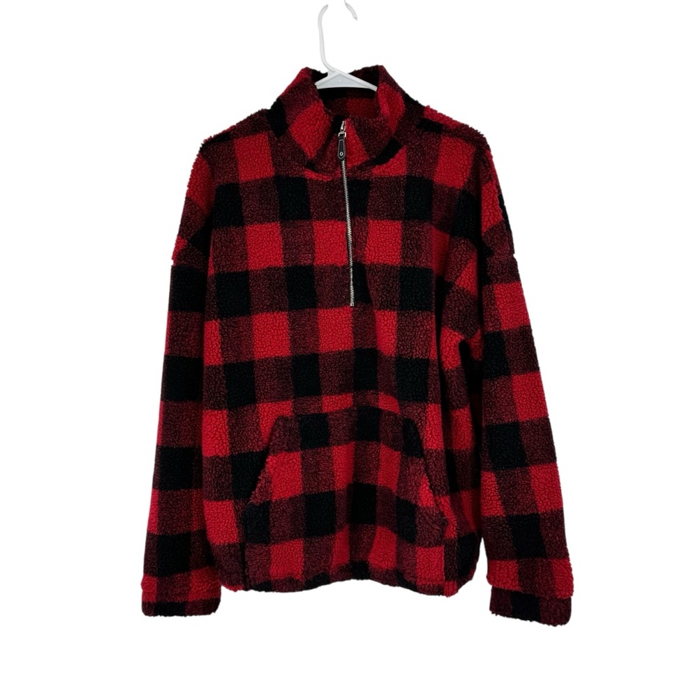 BLUIVY Size M/L Black/Red Buffalo Print Sherpa Fleece 1/4 Zip Henley Jacket SS